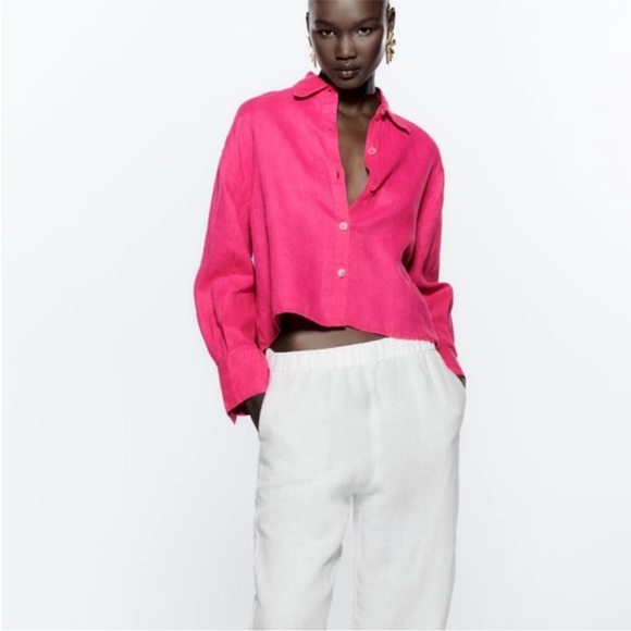 Zara Magenta Fuchsia Cropped Boxy Button Down Linen Shirt - Picture 9 of 12
